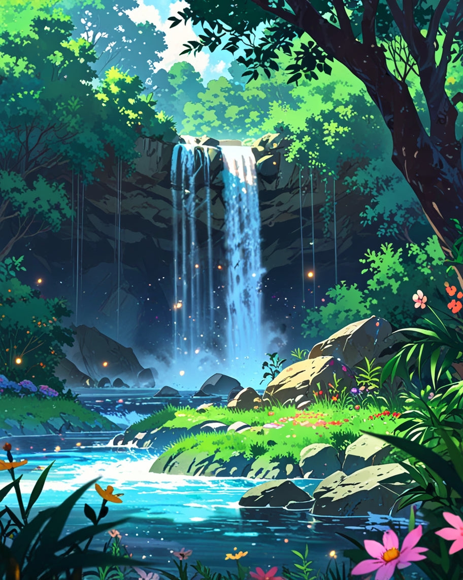 Cascade en forêt ensoleillée – Pack de 3